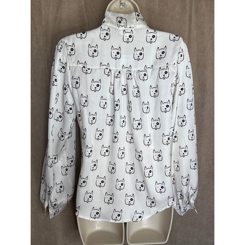 Unique Vintage Tulip B White Dog Tie Neck Long Sleeve Blouse S NWT - Picture 4 of 6